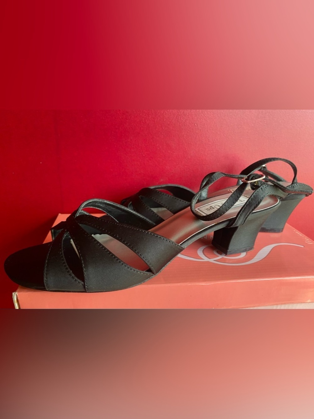 Touch Ups Monaco Black Silky Fabric Ankle Strap Heel Sandals Leather Soles